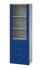 LE - 64 skříň léková prosklená, levá, korpus šedý, dvířka královská modř